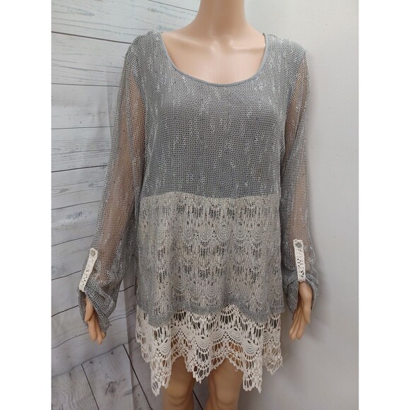 Krazy Kat Gray Ivory Floral 3/4 Puff Sleeve Popover Tunic Top Womens 2X - Picture 1 of 11